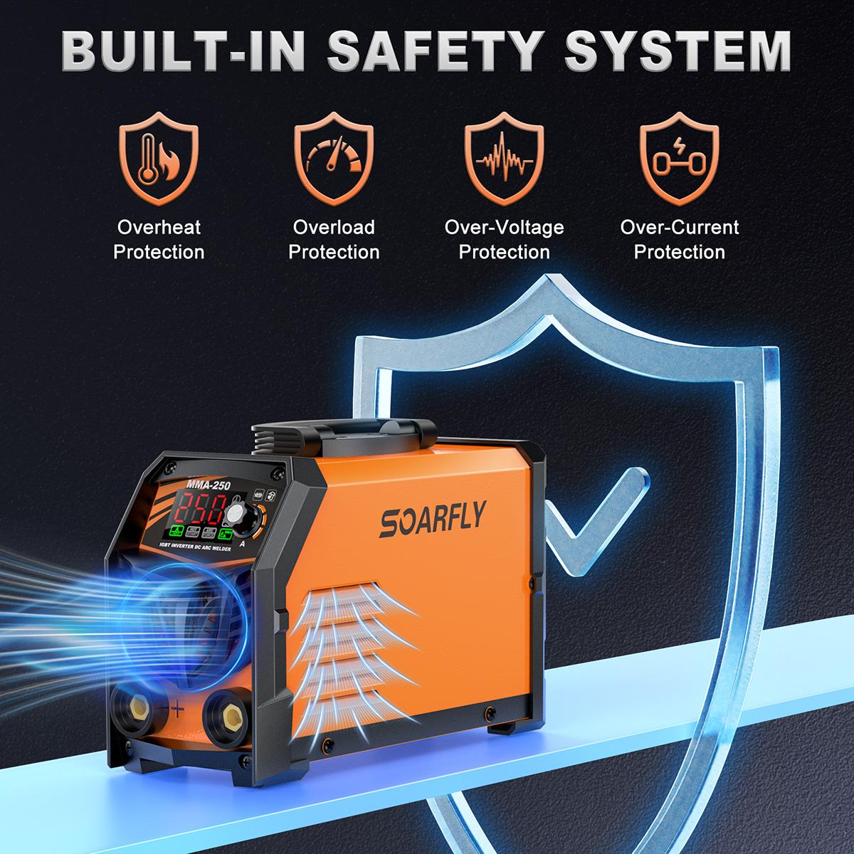 SOARFLY 250A Mini Welder Machine – 5000W 110V/220V Stick Welder with Large LED Display, Electrode Holder, Earth Clamp, Welding Rods & Gloves