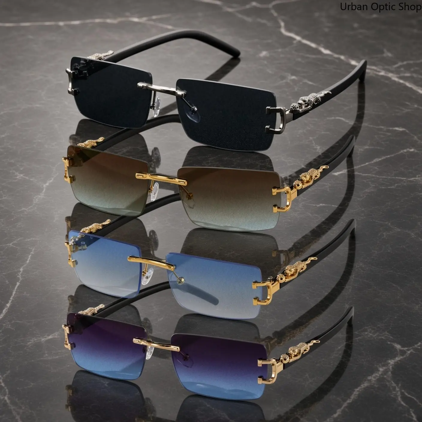 Women’s Luxury Rimless Rectangle Sunglasses, UV400 Gradient Tinted Frameless Sun Glasses with Ornate Decorative Metal Temples, Fashion Eyewear for Party, Travel, Driving and Casual Daily Wear