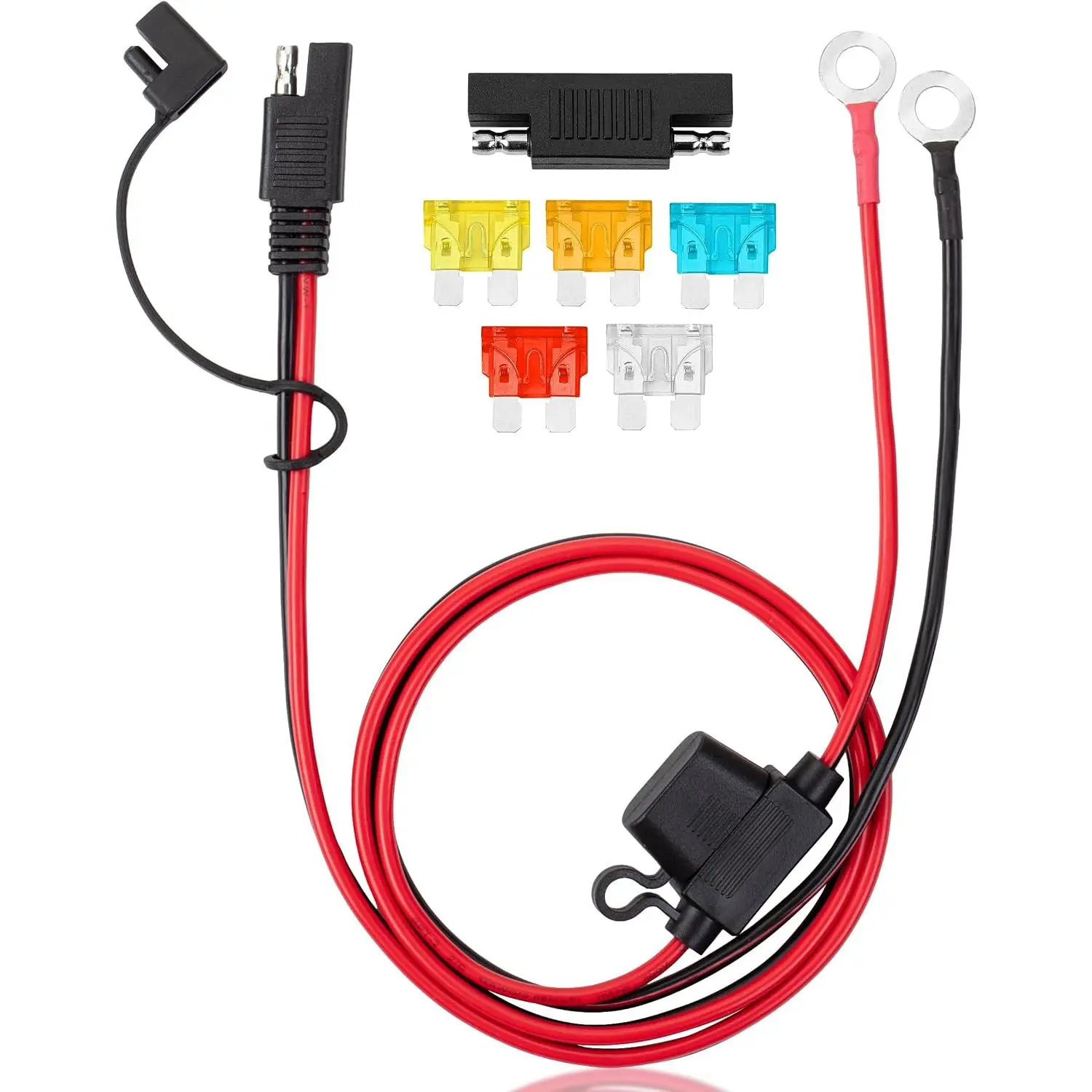 Bates- SAE Battery Connector, 3.3 FT, 14 AWG, SAE to O-Ring Harness with 5A-25A Protection Fuses & Polarity Reverse Adapter, 2-Pin Connector for Chargers, Maintainers, Solar Panels & Motorcycles