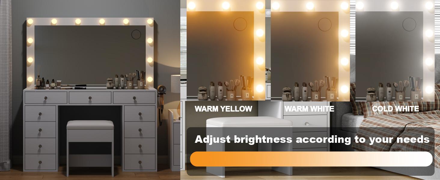 Vanity Desk with Illuminated Mirror & Power Outlet,Vanity with 11 Drawers and 12 LED Lights,Vanity Table with Chair,Set 3 Lighting Modes Brightness Adjustable