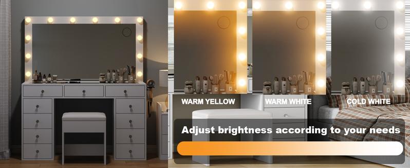 Vanity Desk with Illuminated Mirror & Power Outlet,Vanity with 11 Drawers and 12 LED Lights,Vanity Table with Chair,Set 3 Lighting Modes Brightness Adjustable