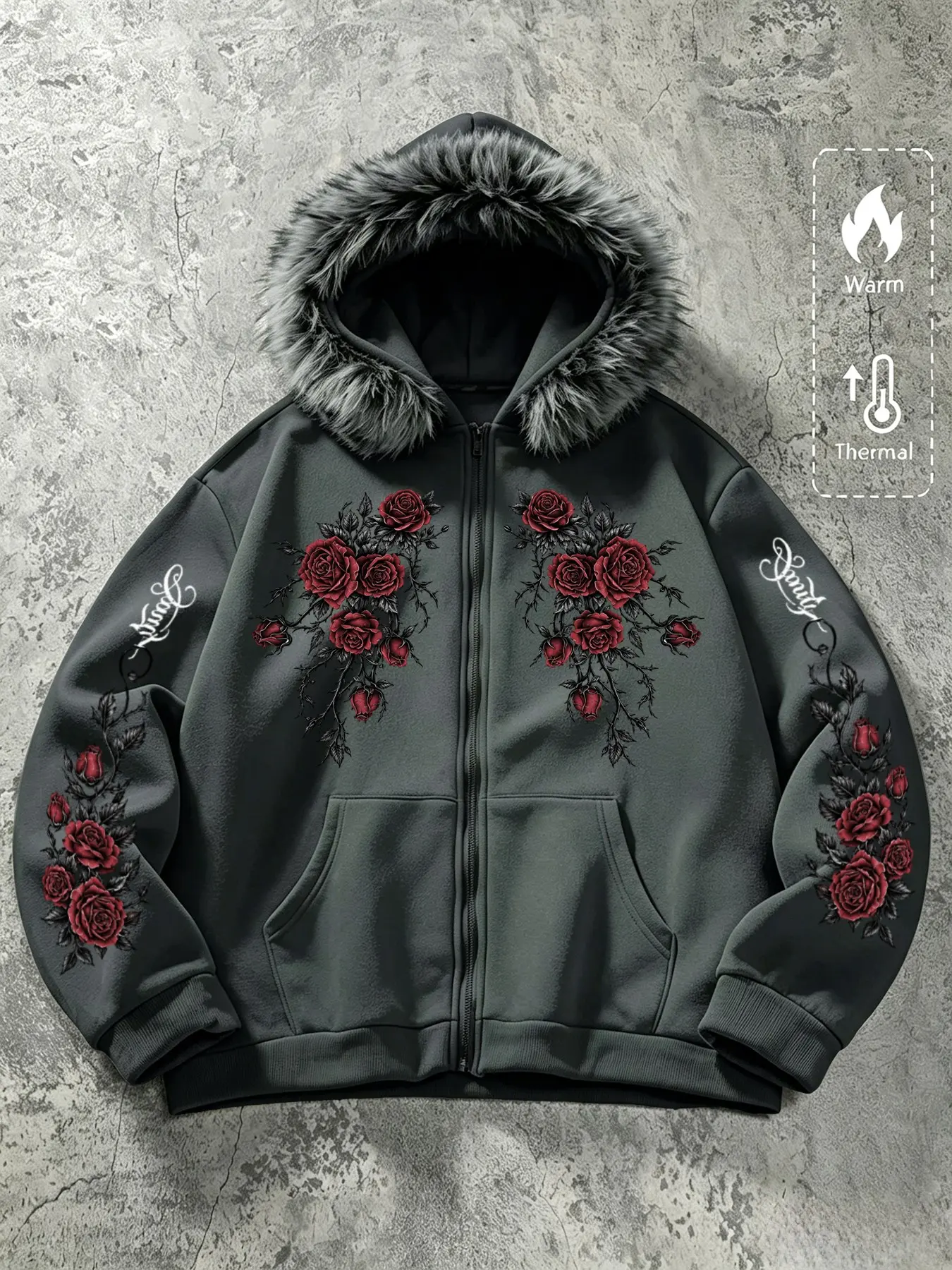 Men's Faux Fur Collar Zipper Hoodie Jacket, Loose Fit Warm Outerwear, Street Style Casual Y2K Dark Color Clothing, Gothic Rose Print