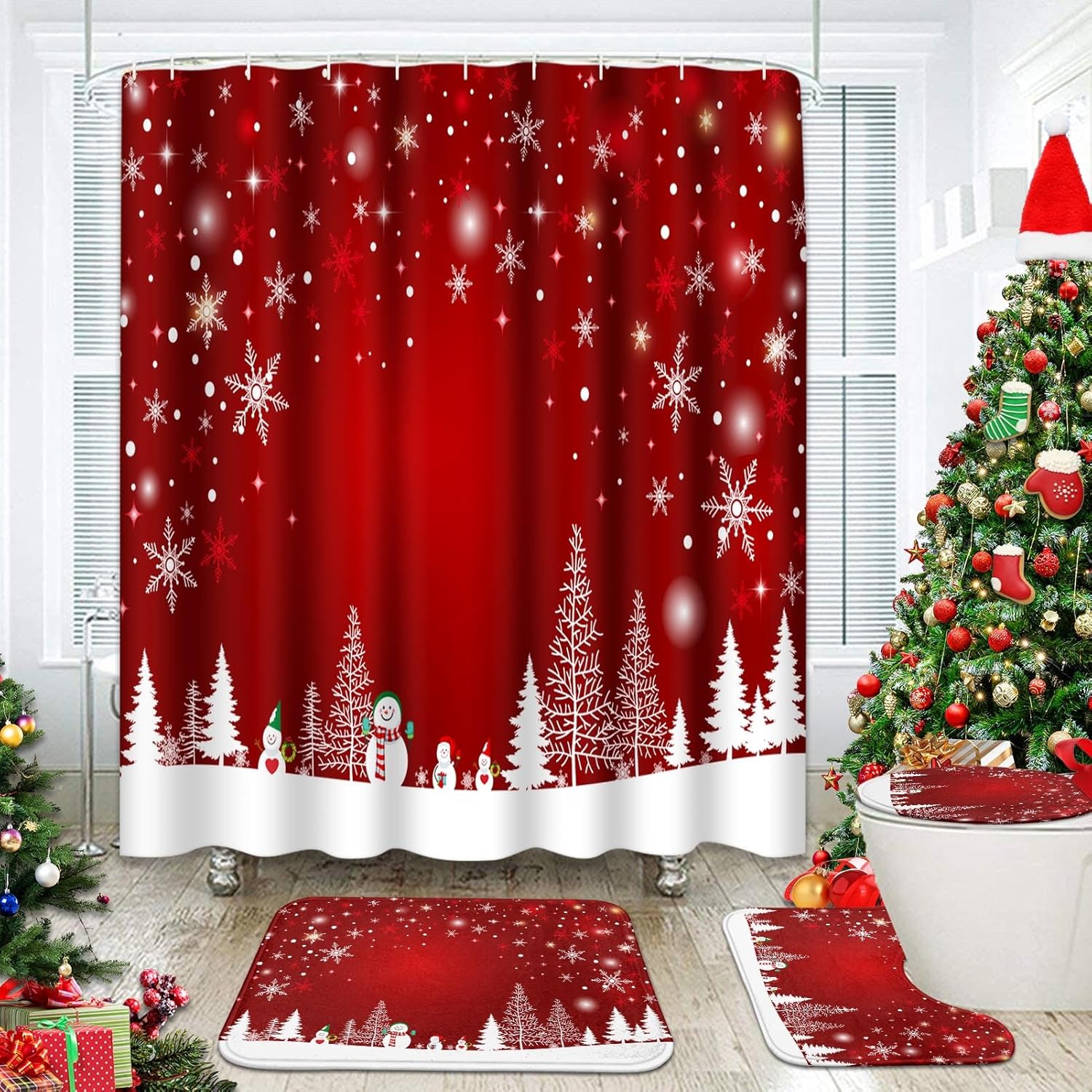 4 Pcs Shower Curtain Set Merry Christmas Happy New Year with Non-Slip Rugs Toilet Lid Cover and Bath Mat Bathroom Decor Set