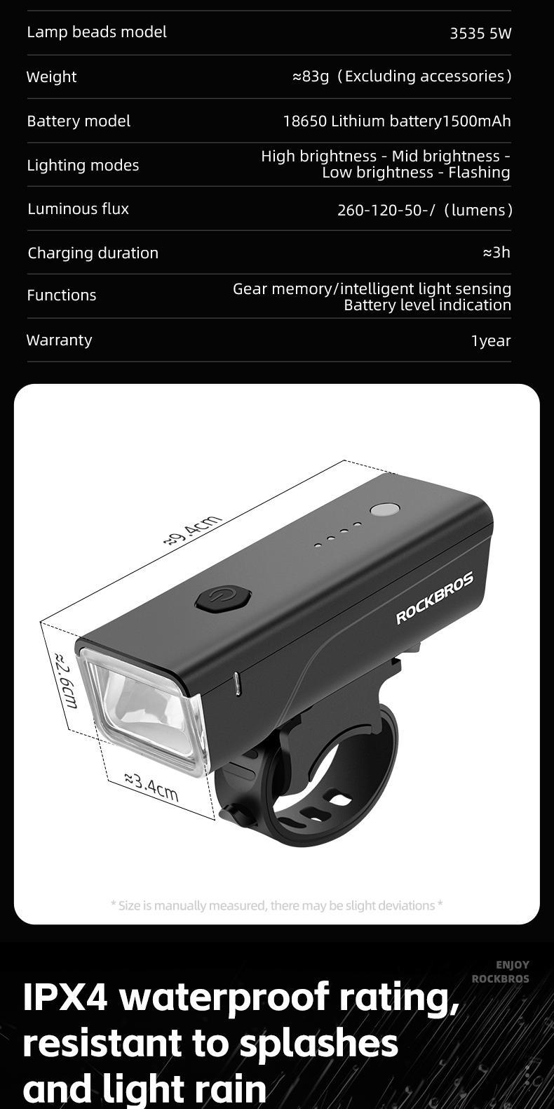 ROCKBROS Bike Light 260 Lumen IPX4 Waterproof Front Light 1500mAh Intelligent Light Sensing Bicycle Accessories