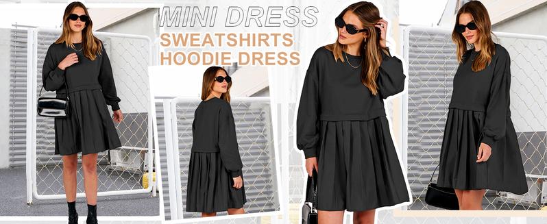 ANRABESS Women Oversized Sweatshirts Hoodie Dress Long Sleeve Crewneck Casual Baggy Patchwork Pleated Flowy Mini Dresses