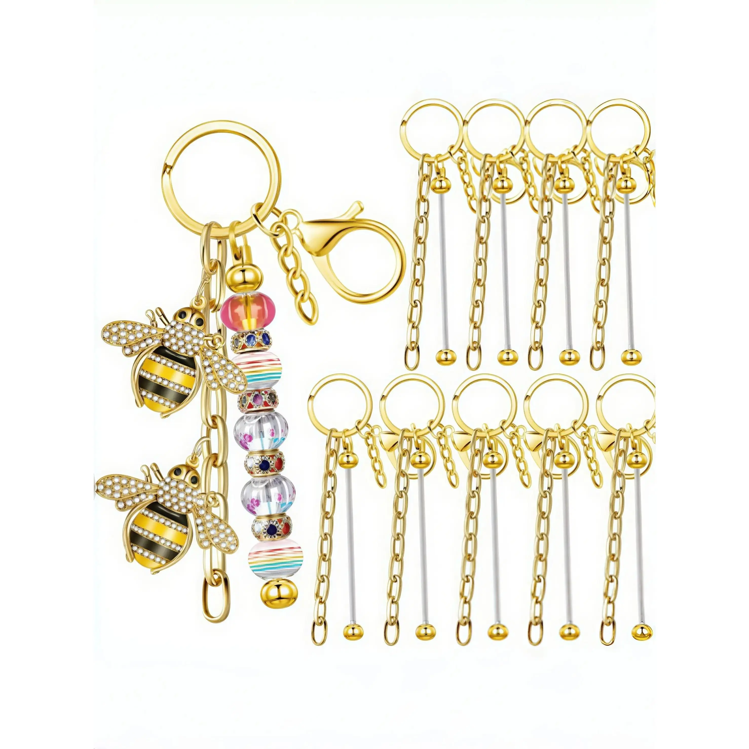 Silver Blank Beaded Keychain Set (12pcs/9pcs Strips) - Fashion Keychain for DIY Crafts, Gift-Making Projects, Bag & Wallet Accessories