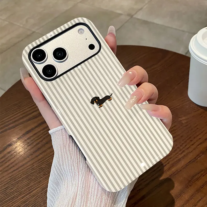 Striped Dachshund Charm Pattern Premium 2-in-1 Glossy Film Phone Case Compatible with iPhone 17 Air E 16 15 14 13 12 11 Pro Max Plus Shockproof Anti-Scratch TPU Protective Cover