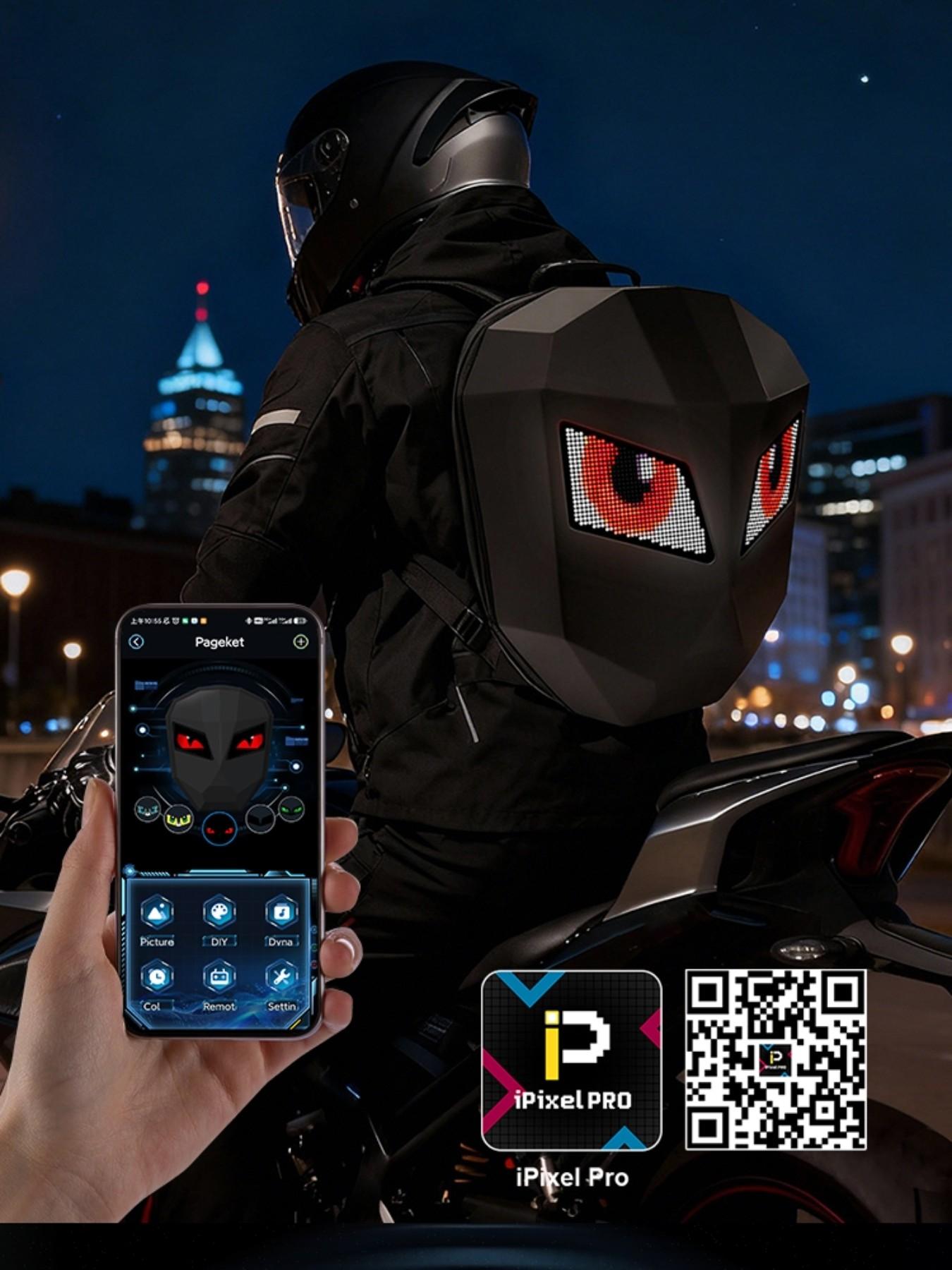 LED Motorcycle Backpack with Programmable Rider Eye and RGB Lighting, USB APP Control, Expandable Storage, Durable Design