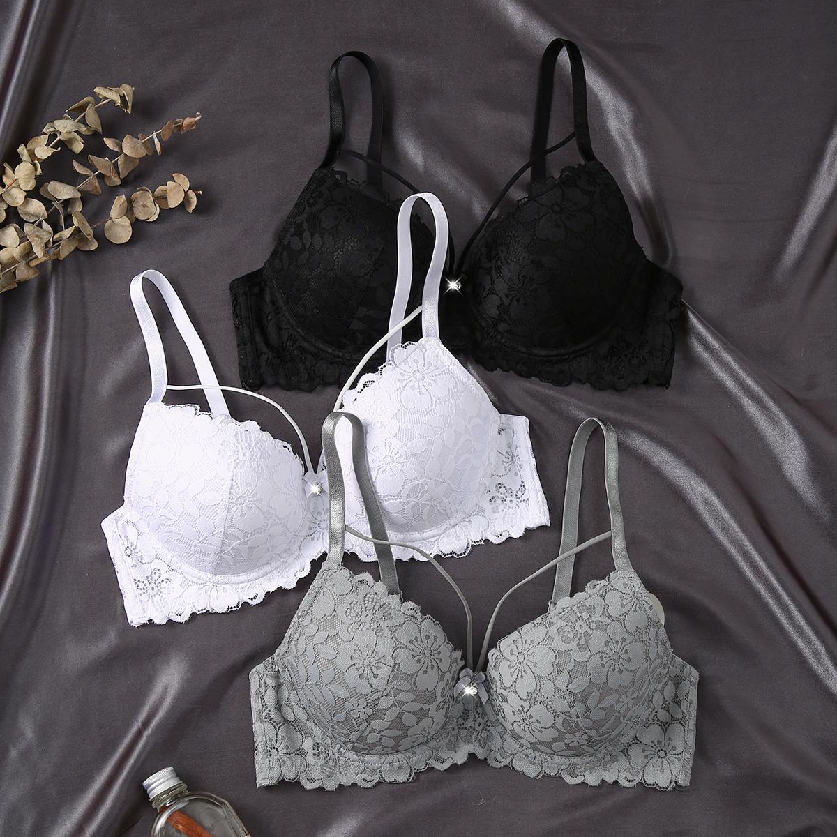 Ecomilky 3-Pack Women's Floral Lace Push Up Bra, Adjustable Strap Underwire Bra, Soft Comfortable Breathable Lingerie for All Seasons Womenswear bra bras for women