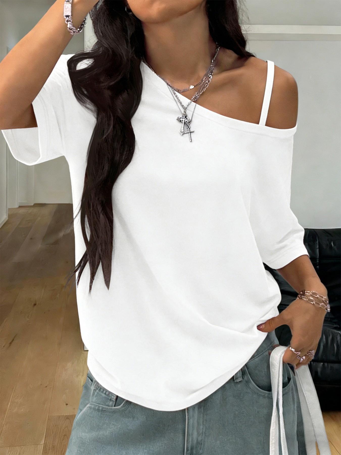 Women's 3 Pack Asymmetrical Off Shoulder Tops Women's Asymmetrical Off-Shoulder Top Set, Casual Half Sleeve One Shoulder Tank Tee, 2026 Trendy Y2K Street Style, Comfortable Loose Fit Casual Street Style Blouse for Teen Girls and Young Women