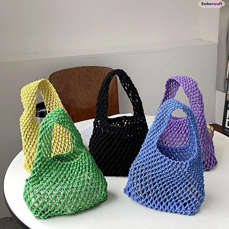 Women's Handmade Crochet Cotton Rope Beach Tote Bag - Boho Casual Woven, High-Capacity, Lightweight Double-Handle Shoulder Carryall with Black, Bright Yellow, Dark Purple Options Each With Inner Pocket for Summer, Inner Pouch