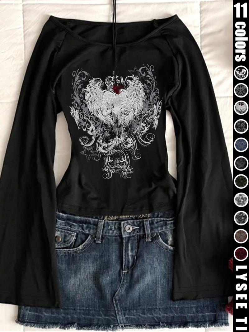 Fashion and casual Y2K women's five pointed star printed round neck flared sleeve top