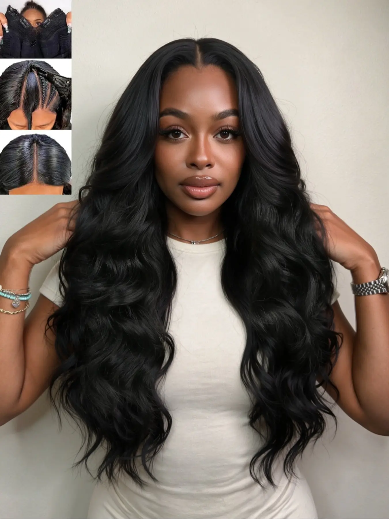 U Part Body Wave Synthetic Half Long Wavy Hair Wigs for Women, 26 Inch Glueless Wig, Heat-Resistant, Clip In, Natural, Daily Party Use