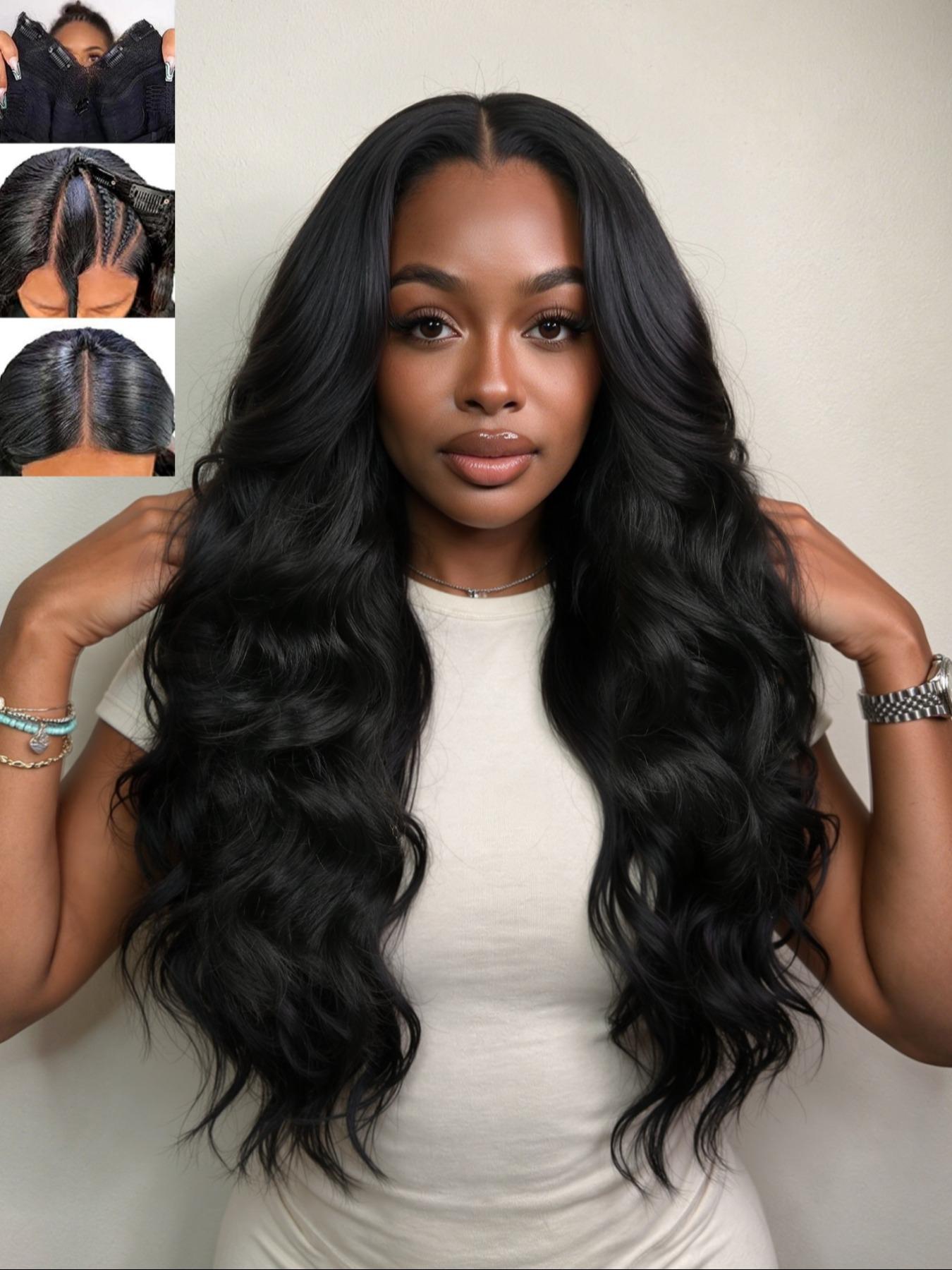 U Part Body Wave Synthetic Half Long Wavy Hair Wigs for Women, 26 Inch Glueless Wig, Heat-Resistant, Clip In, Natural, Daily Party Use