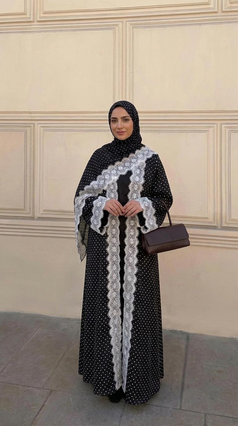 CL84 Elegant polka‑dot open abaya with matching hijab, delicate floral lace trim, soft premium‑quality fabric. White‑black and black‑white lace versions. Great for daily and formal occasions, ideal modest wear for hijabi women.