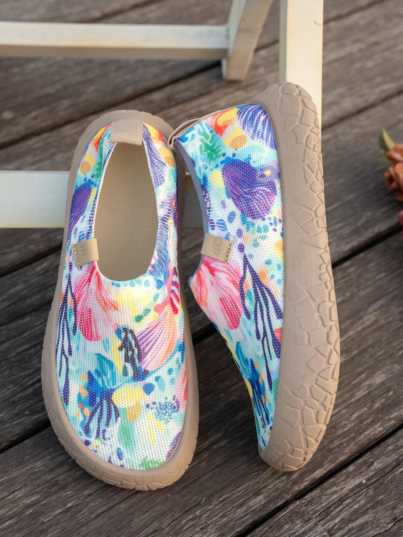 Tropical Coral Floral Print Slip-On Shoes, Breathable Mesh Elastic Lazy Shoes, Anti-Slip Thick Sole Beach Casual Footwear, Casual Lifestyle Footwear