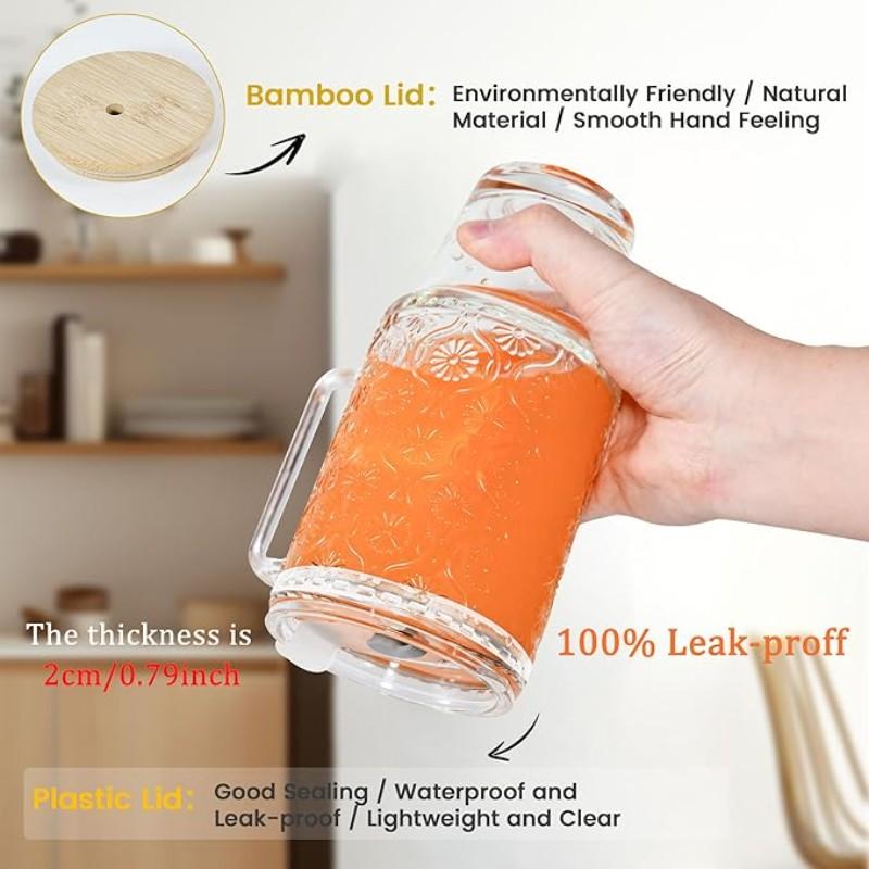 24oz Screw Top Glass Cup with Lid and Straw, Handle Water Bottle, Ice Coffee Mug, Reusable Transparent Drinkware for Smoothies and Beverages, Tumbler with Straw, Clear Water Bottle with Straw, Drink Container