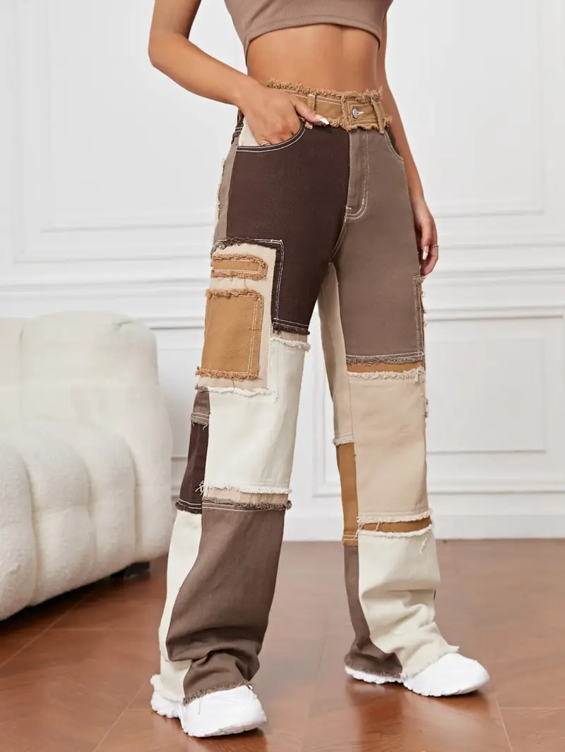 (petite) Marled Patchwork Denim Straight-Leg Pants, Casual Fitted Jeans for All Seasons, Trendy Streetwear for Music Festivals