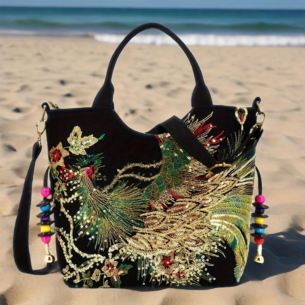 Outdoor Bohemian Canvas Tote Bag with Good luck, auspiciousness, Chinese style Phoenix Sequin Totem Design, Handmade Embroidery