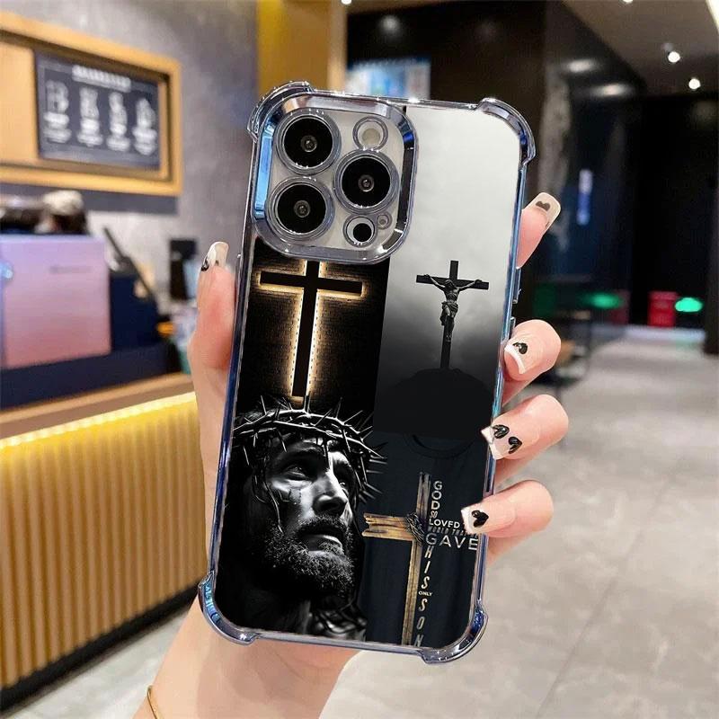 Jesus Clear Protective Four Comers Air Cushion Anti-drop CellPhone Case Clear BracketPhone Case for iPhone 16 15 14 13 12 Pro Max 15 14 Plus Four Corners Cases #IPYS8