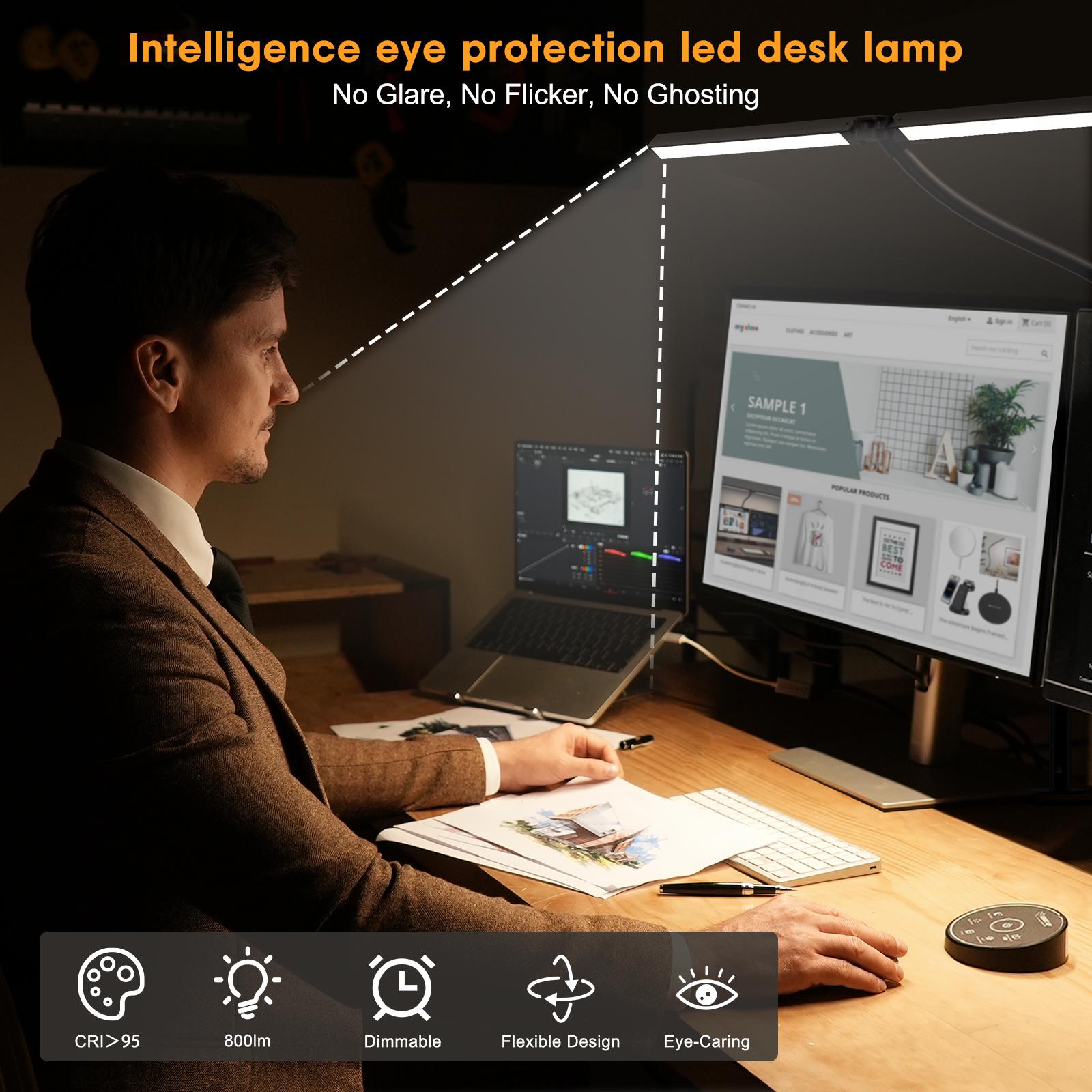 Led Desk Lamp for Home Office - 24W 5 Color Adjustable Eye Protection Architect Lamp，Dual Screen Computer Monitor Smart Light for Study Work Drafting