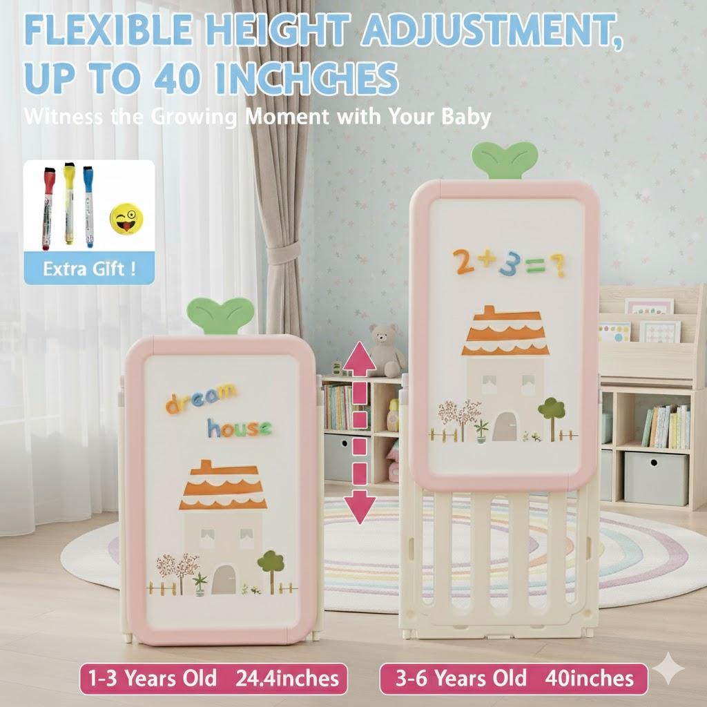 Foldable Kids Toy Storage Organizer with 10 Removable Bins and 3-Tier Bookshelf, 4 in 1 Multifunctional Large Toy Organizer with Drawing Board for Kid Bedroom Playroom Living Room, Light Pink