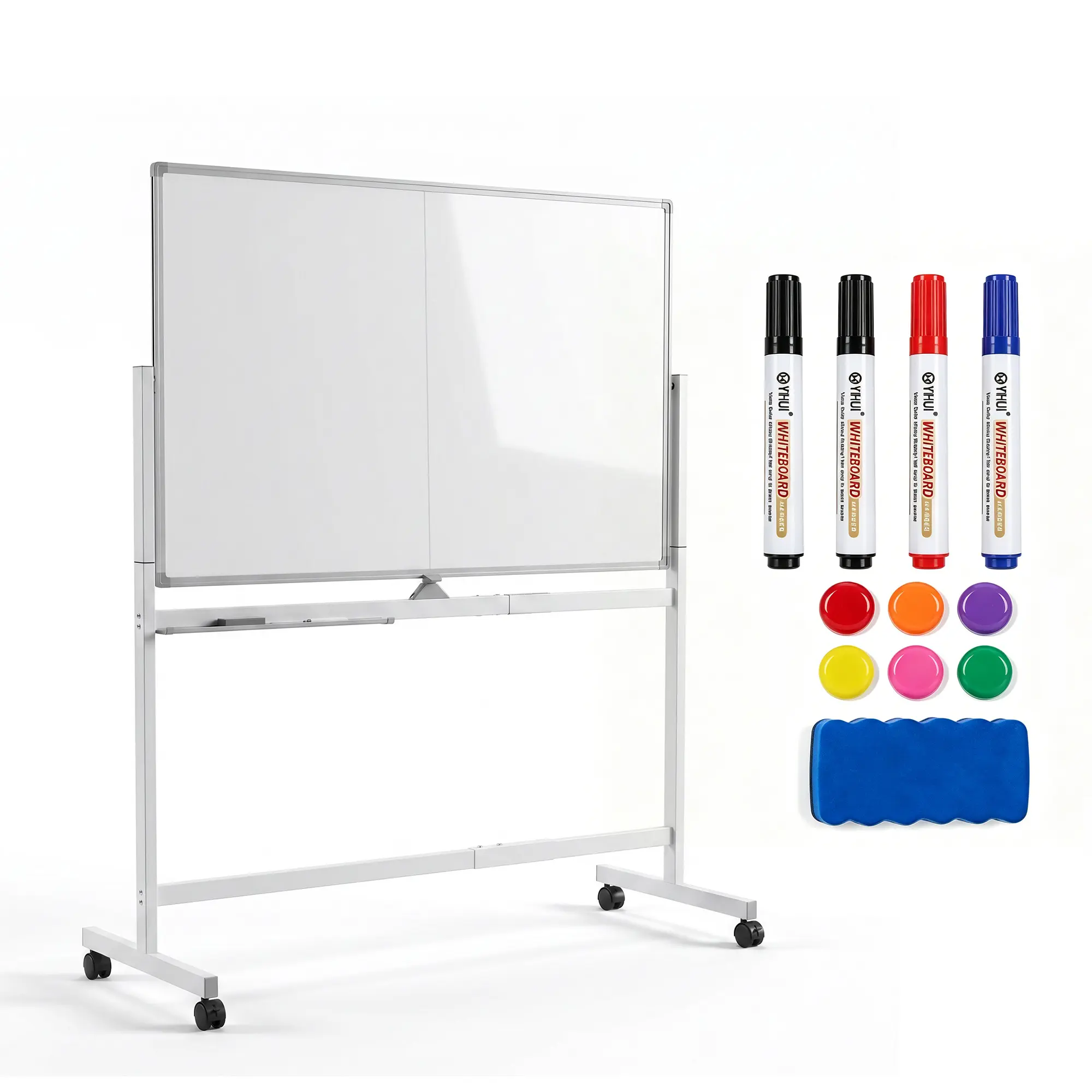 OP-Mobile Rolling Magnetic Dry Erase Whiteboard with Stand - Double-Sided Turn Board, Height Adjustable - Locking Casters for Educational Space/Office/Home - 48" x 36"