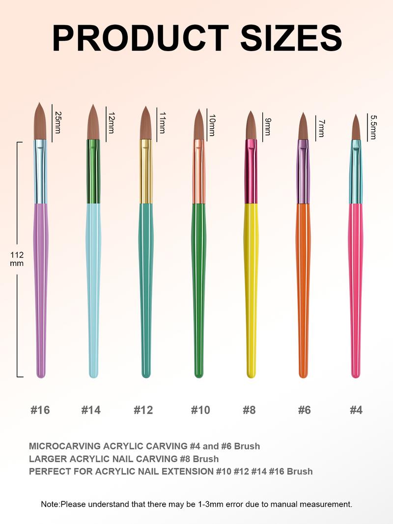 Aillsa Acrylic Nail Brush Set, 3/7pcs 3D Nail Carving Manicure Tool for Home & Salon Use, Acrylic Powder Brush Pen DIY Size 4/6/8/10/12/14/16 Nail Art Extension Helloween/Christmas Gift for Women