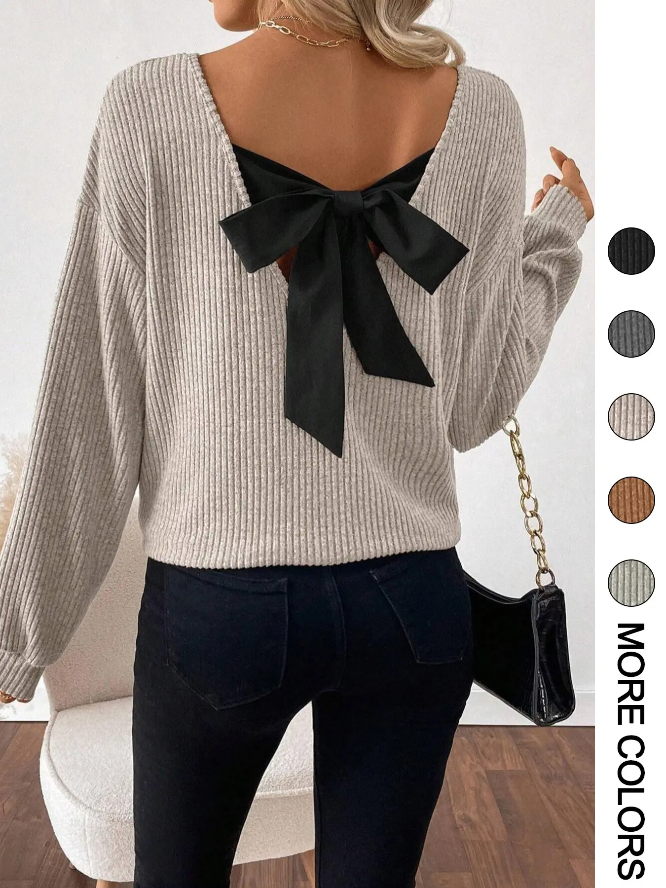 Women's Fashion V-Neck Long Sleeve T-Shirt with Bow Decoration on the Back