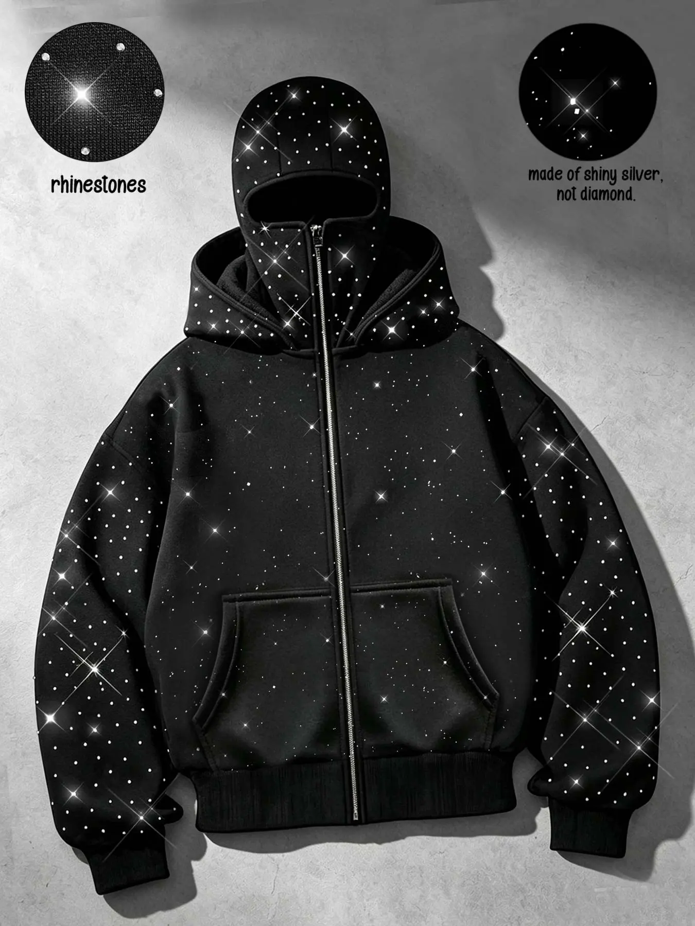 Men's Y2K Rhinestone Balaclava Zip-Up Hoodie, Gothic Techwear Hooded Zip Jacket, Unisex, Shiny Diamond Hip-hop Streetwear Brand Zip Hoodie for Men, Balaclava Hoodies