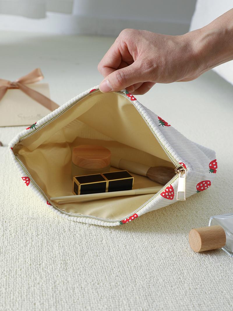 Strawberry Pattern Makeup Bag, Lightweight Multi-functional Travel Cosmetic Bag, Zipper Makeup Organizer Pouch, Versatile Storage Bag, Handheld Cosmetic Pouch