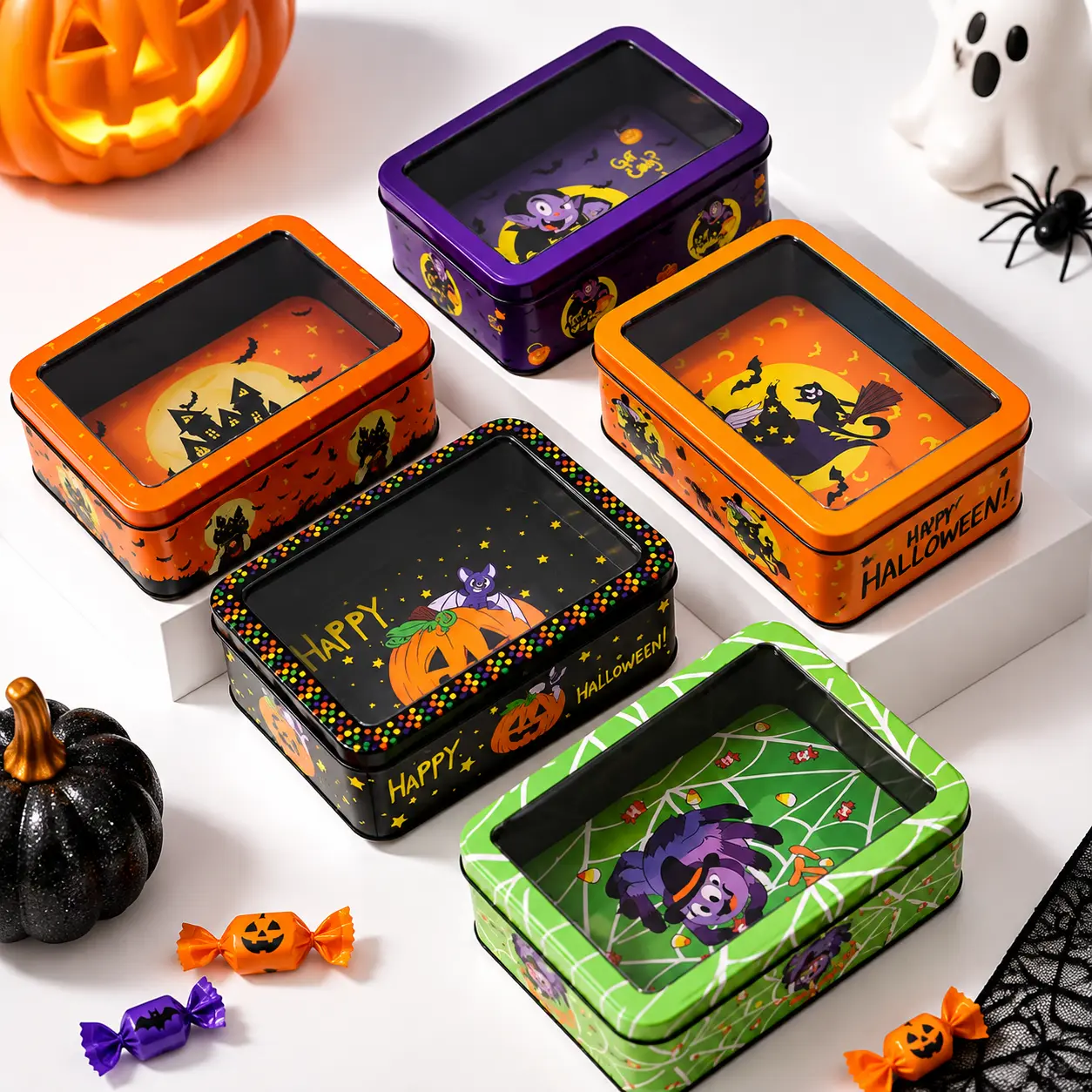 Halloween clear lid tin box cute witch pumpkin candy cookie storage holiday treat container cozy spooky season gift ready desk shelf party favor easy see through lid lightweight metal tin for snacks sweets and small keepsakes