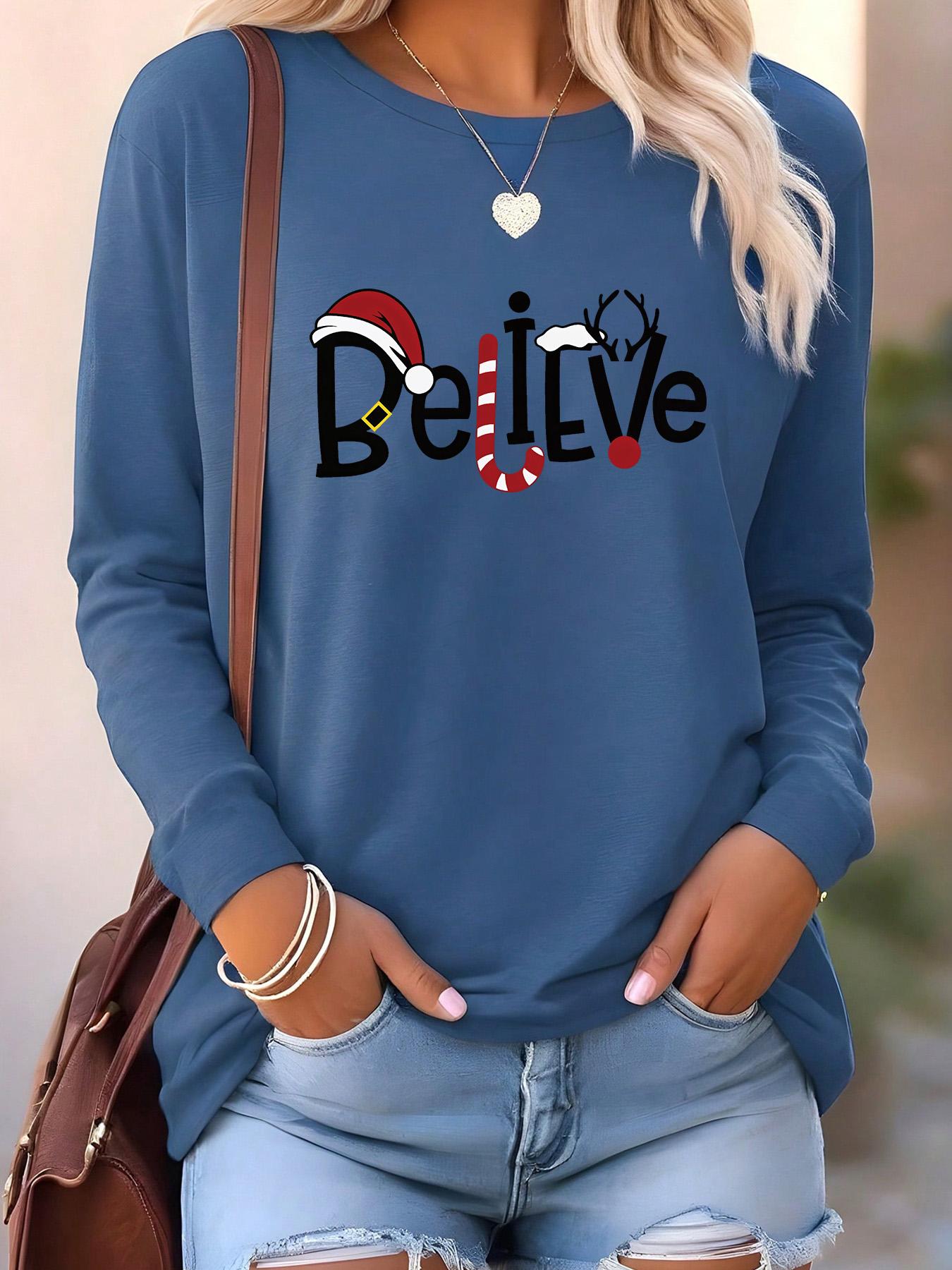Women's Letter & Reindeer Print Round Neck T-shirts, Casual Long Sleeve Crew Neck T-shirts for Fall & Spring, Women's Clothes for Daily Wear
