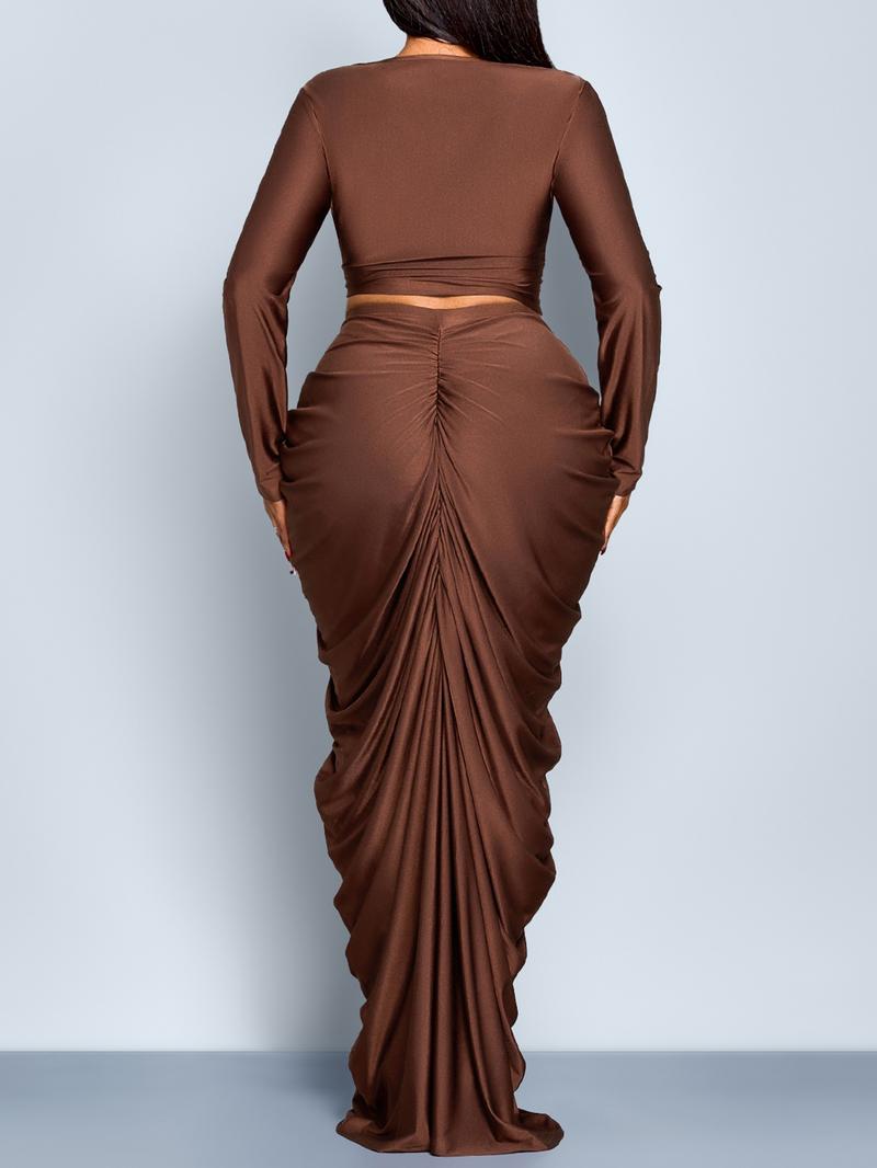 Elegant Women's Two-Piece Set, Fall & Winter High Waist Ruched Skirt, Long Sleeve Round Neck Top, Plain Color, Plus Size Fashion
