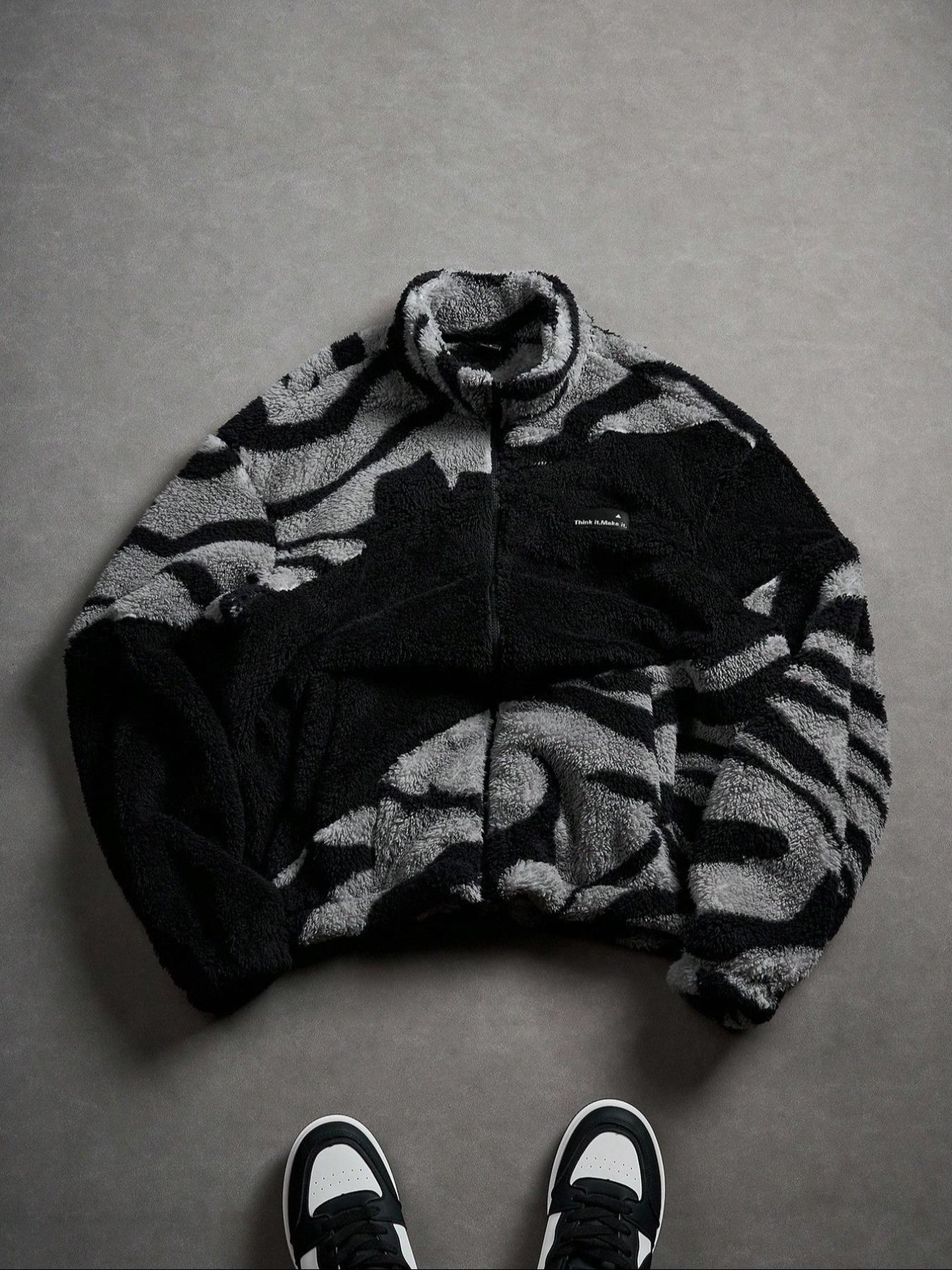 Abstract Pattern Fleece Zip - Up Jacket, Cozy Streetwear Outfit, Trendy TikTok Must - Have, Coats