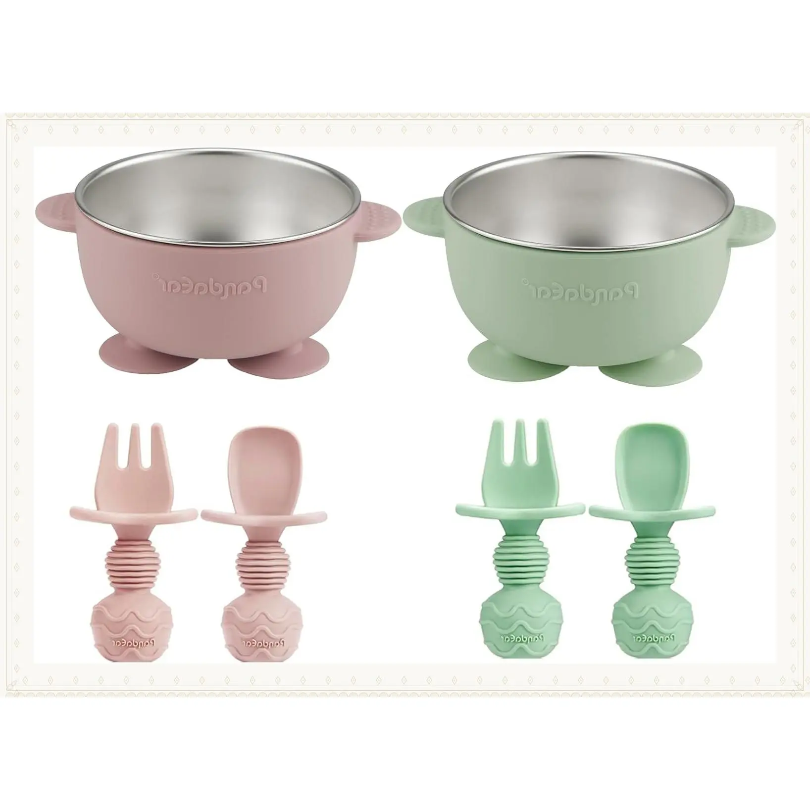 PandaEar 2 Pack Stainless Steel Baby Suction Bowls & 4 Pcs Silicone Baby Utensils Set, Non-Slip Toddler Food Bowls with Silicone Sleeve & Anti-Choke Spoon Fork Set for Babies Led Weaning(Gift)