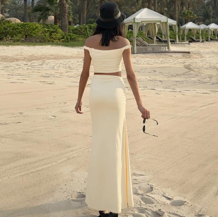 Women's Solid Color Off Shoulder Top & Skirt Two-piece Set, Casual Fashion Cozy Top & Skirt for Daily Outdoor Wear, Ladies Clothes for Summer, Chic Skirt Sets
