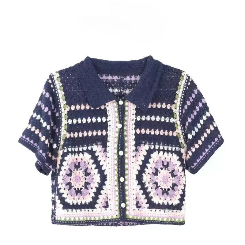 Crochet Cardigan Women Boho Granny Square Knit Button Up Short Sleeve Polo Shirt Blouse Boho Summer Tops Resort Wear