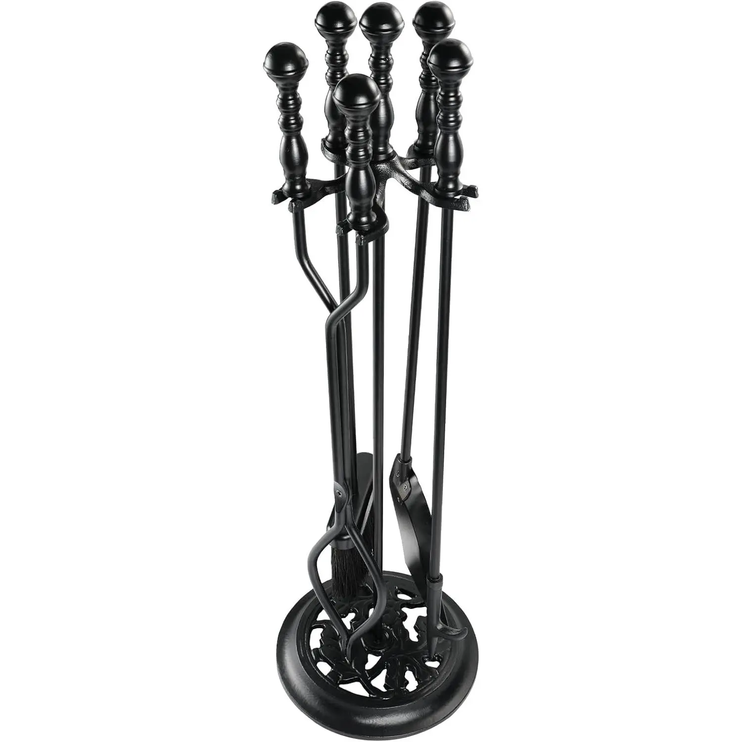 5 Pieces Fireplace Tools Sets Wrought Iron Firewood Kit with Handle Durable Tool Set and Holder for Fire Pit Stand Indoor Tong Shovel Poker Brush Firewood Accessories (Black)