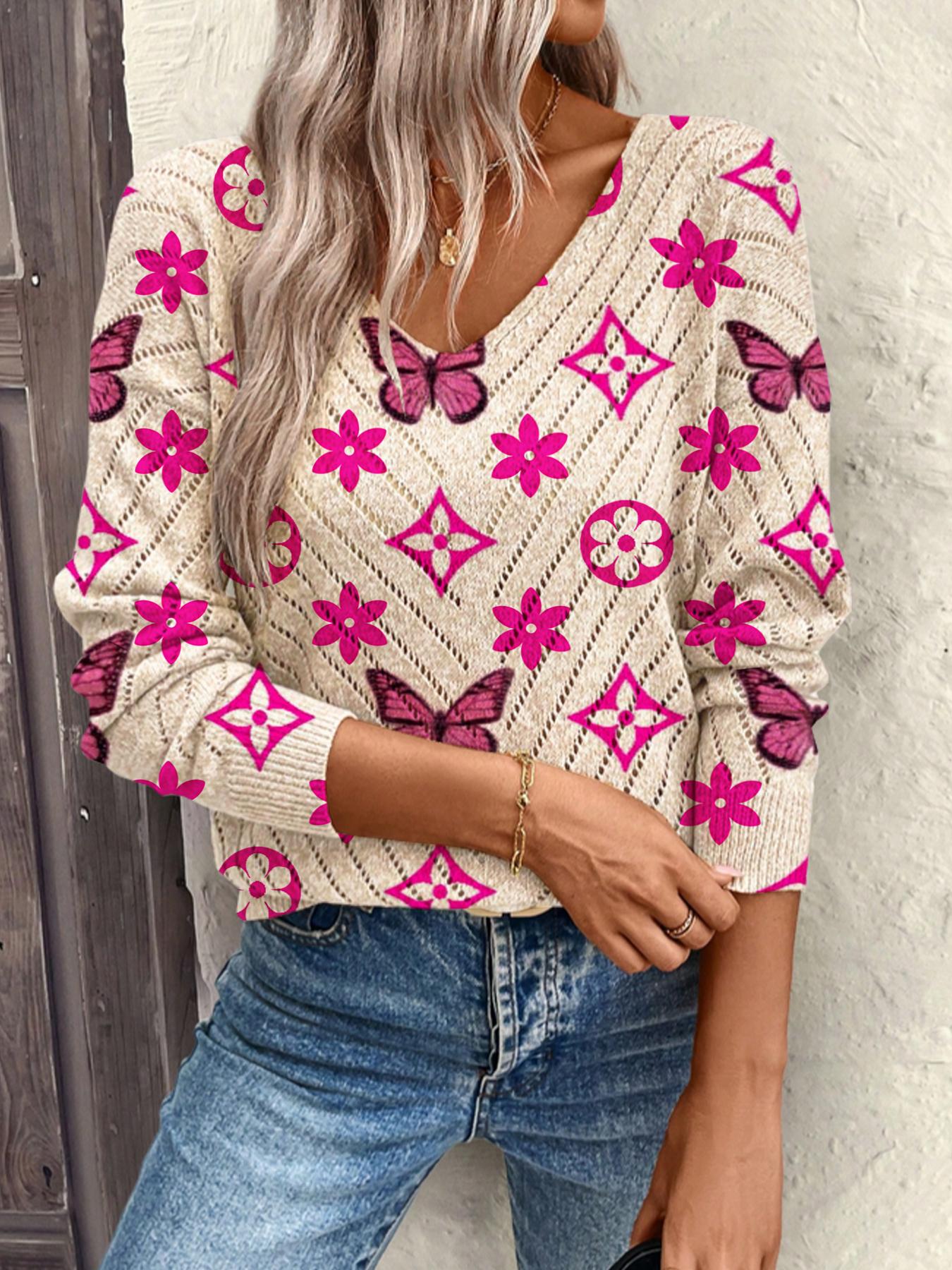 Women's Geometric Butterfly Print Long Sleeve Knit Top, Casual Elegant Vacation Style Sweater, Loose V Neck, Comfortable Warm Fall Winter Knitwear
