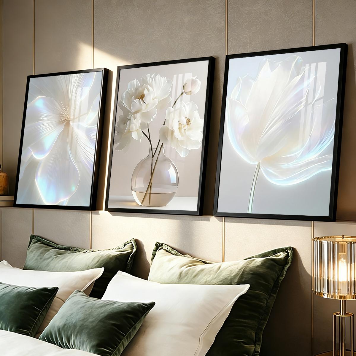 3 Counts Aluminum Alloy Framed Painting, White Floral Vase Artwork, Home Decoration For Living Room, Bedroom, Office, Restaurant, Hallway Wall Decor, Odorless Print Artwork, Luxury Perfect Gift For Friends And Family