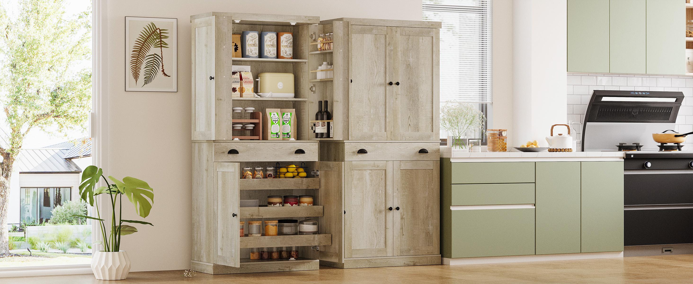 【2 Packages Shipping】IRONCK Kitchen Pantry Cabinet 72" Height, Freestanding Cupboard with Drawer, Sliding Storage Rack, and 6 Hanging Shelves for Dining Room, Laundry, Rustic Maple