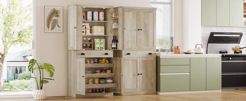 【2 Packages Shipping】IRONCK Kitchen Pantry Cabinet 72" Height, Freestanding Cupboard with Drawer, Sliding Storage Rack, and 6 Hanging Shelves for Dining Room, Laundry, Rustic Maple