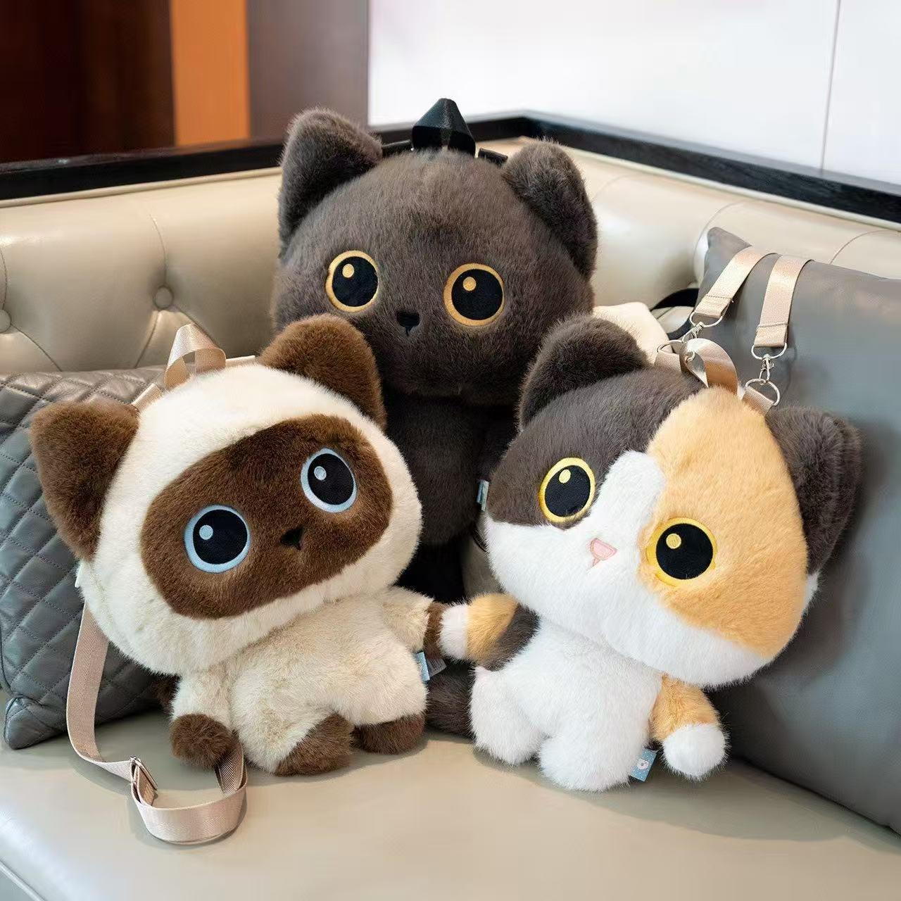 Cute Three-Color Cat Plush Backpack, Cat Stuffed Animal Shoulder Bag, Soft Birthday Gift for Kids Girls, Outing Present