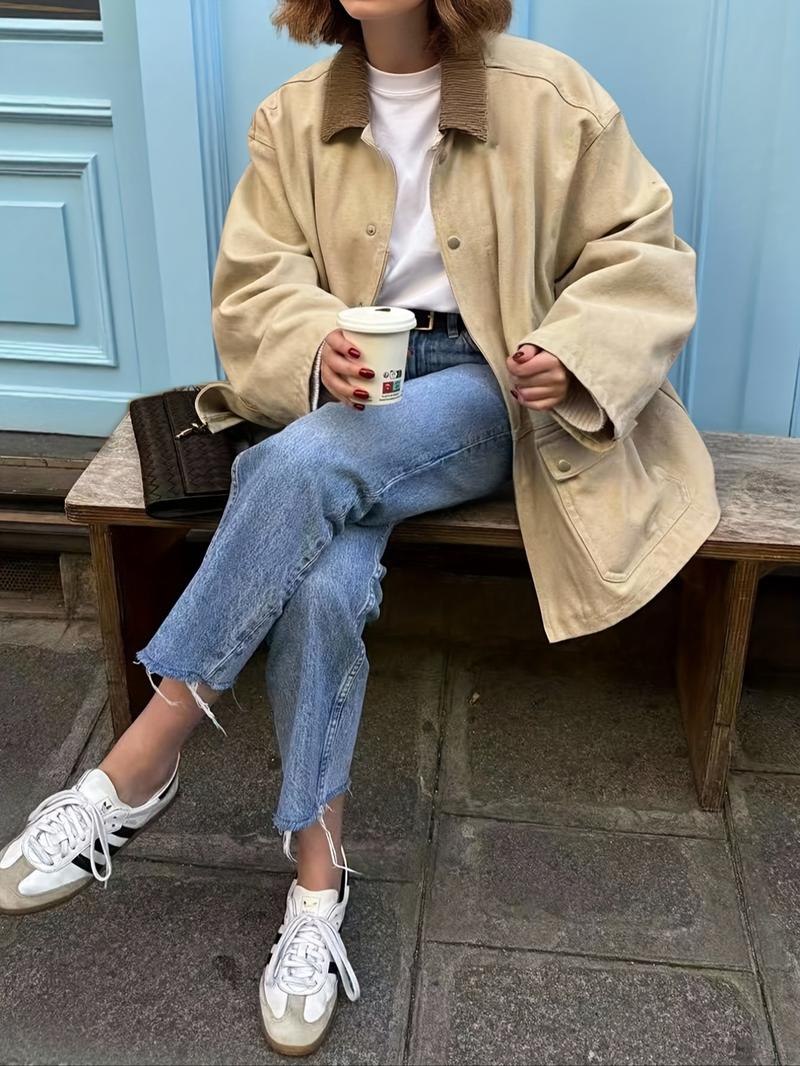 Autumn Winter New European Style Women's Retro Casual Loose Colorblock Corduroy Lapel Windbreaker Coat, Slim-Fit Woven Fabric Jacket