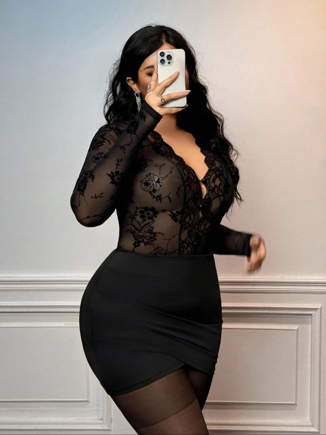 Elegant Plus Size Women's Dress, Long Sleeve V Neck Lace Fitted Bodycon Dress, Slimming and Stylish, Perfect for Casual and Formal Occasions - TikTok Shop Elegant Plus Size Women's Dress, Long Sleeve V Neck Lace Fitted Bodycon Dress, Slimming and Stylish, Perfect for Casual and Formal Occasions - TikTok Shop