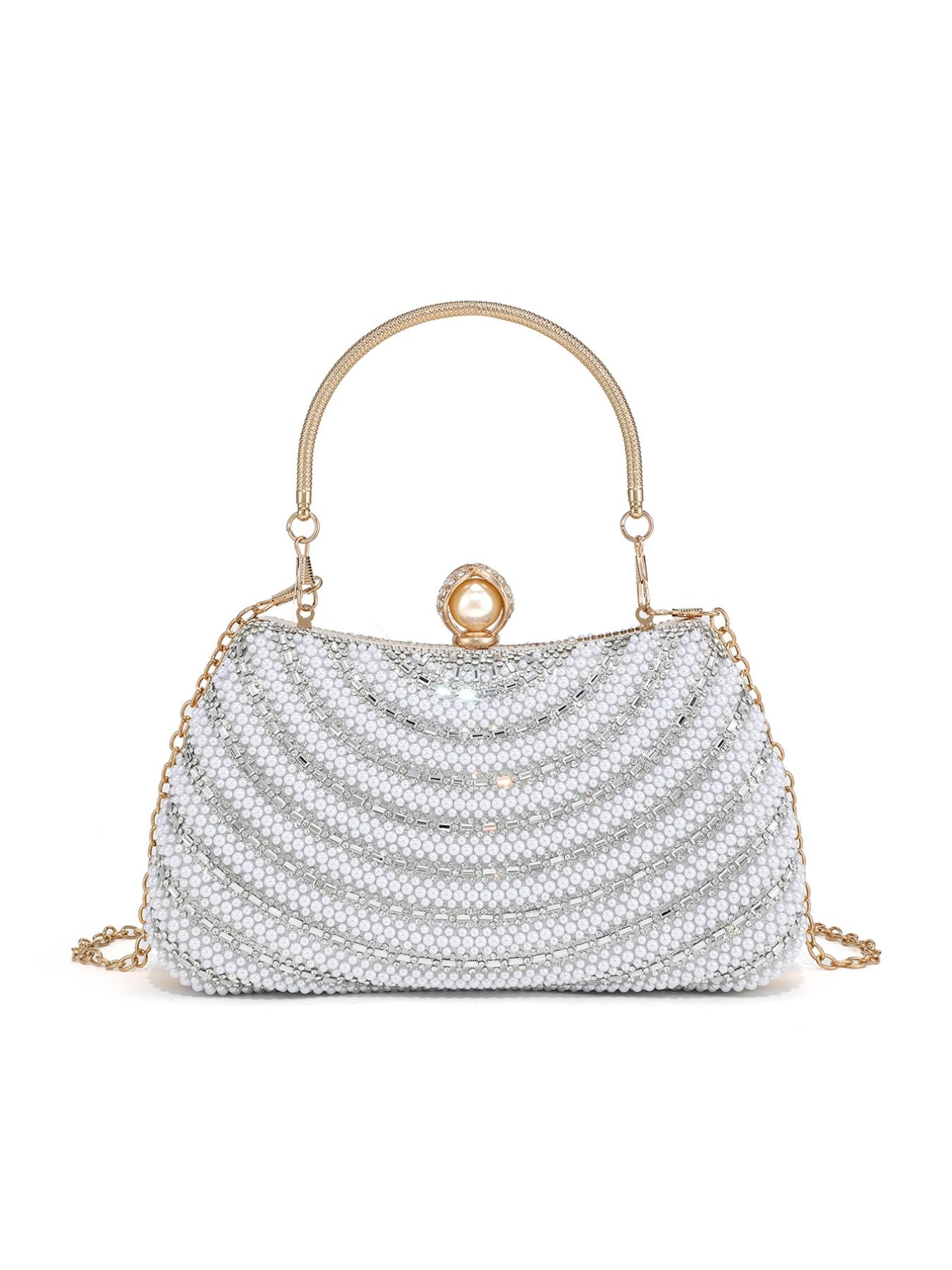 Elegant Pearl Rhinestone Handbag, Evening Party Wedding Bag, Sparkling Chain Design, Luxury Women's Clutch, Perfect for Special Occasions