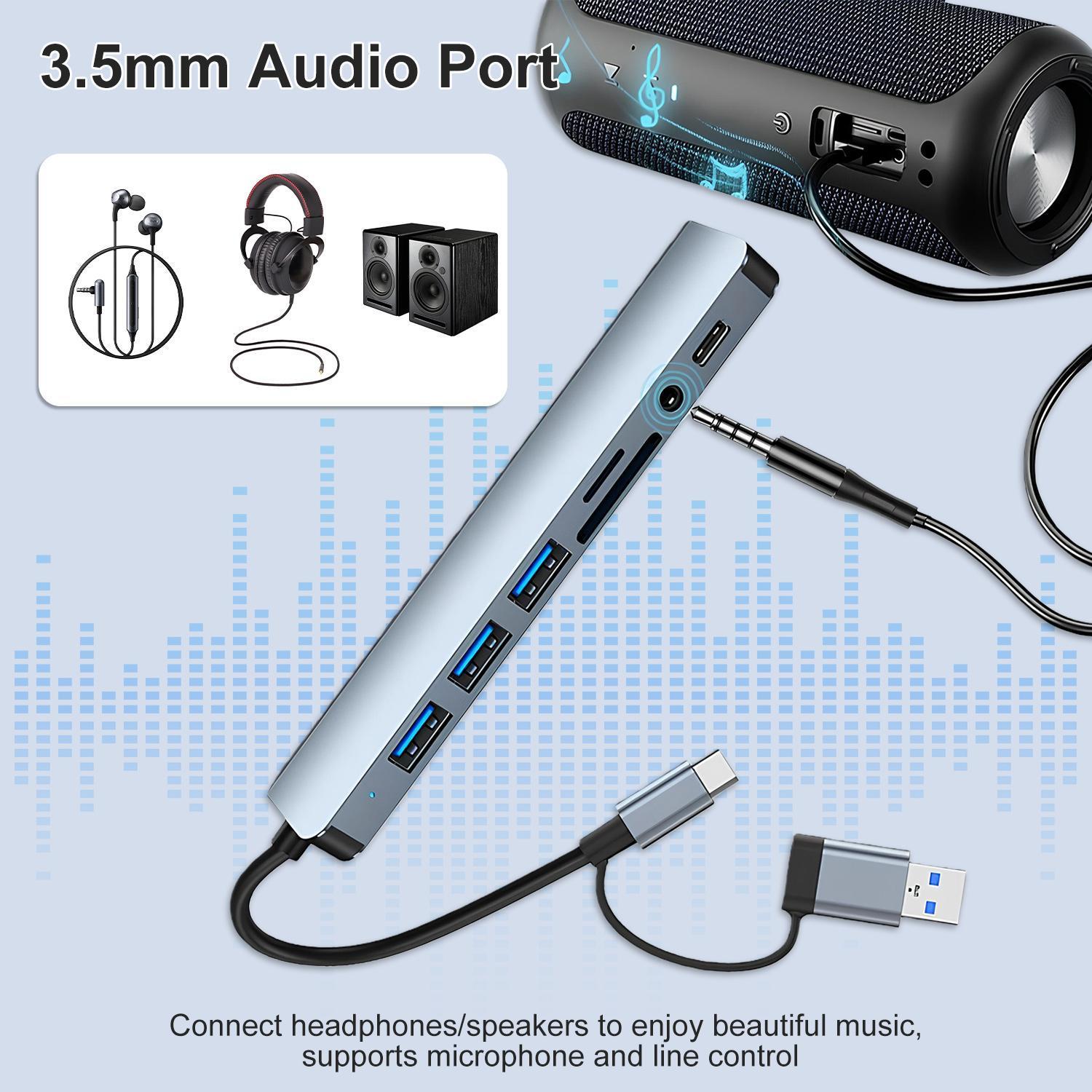 8-in-1 USB C Hub Multi-Port USB Adapter with 4 USB 3.0 Ports, SD/TF Card Reader, 3.5mm Audio Jack, Compatible with MacBook, Computer Accessories