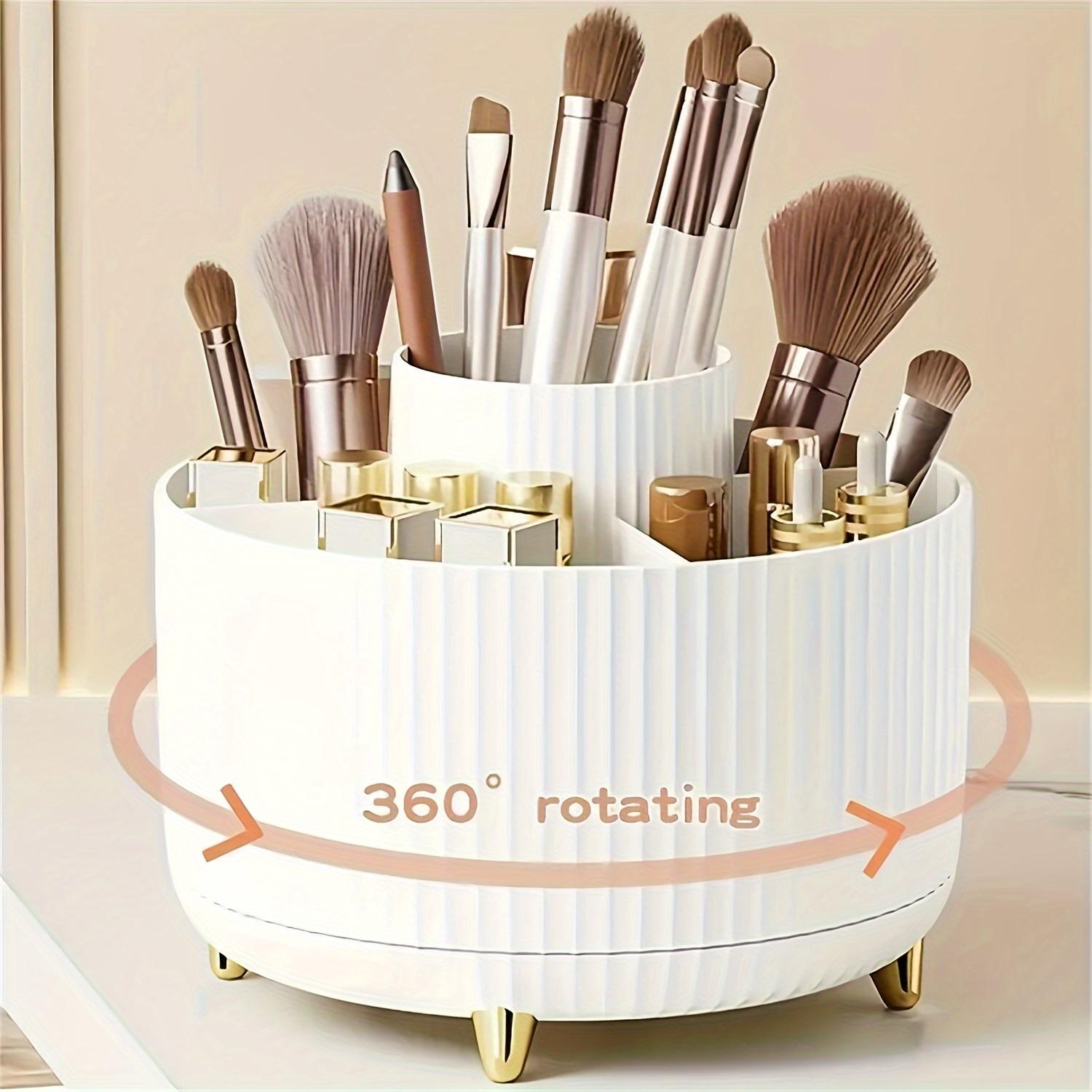 360° Rotating Makeup Organizer - 1pc Plastic Cosmetic Storage with 5 Compartments - Multi-Functional Holder for Brushes, Lipsticks, Skin Care Products, and Stationery - Durable Unscented Desk Caddy with Luxury Stripe Design