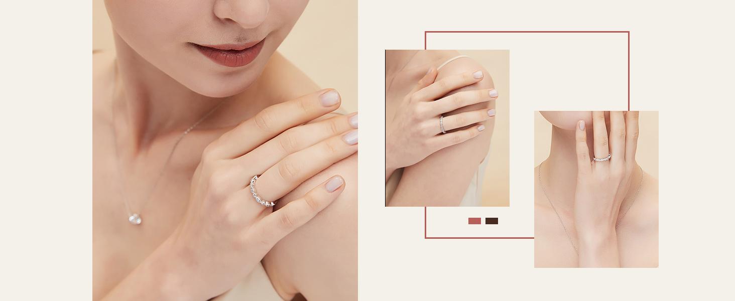 S925 Sterling Silver Wedding Band for Women Cubic Zirconia Milgrain Marquise & Round Half Eternity Stackable Ring Silver Size 5-10